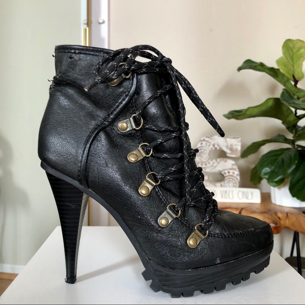 Bamboo Harper Black Heeled Combat Boots - Picture 1 of 8